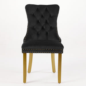 English Elm Mid-Century Velvet Dining Chair with Lion Head Pull Ring, Tufted Solid Wood Seat, Gold Legs Black W1143P193168