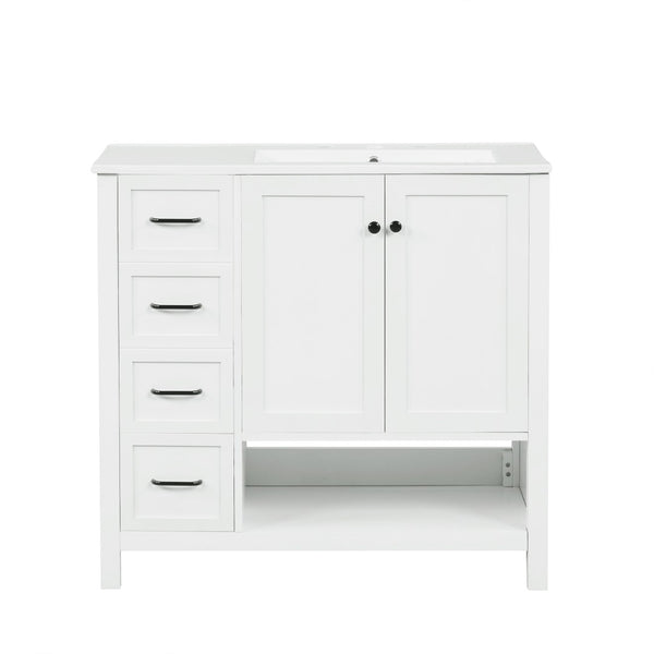 English Elm 36" Freestanding Bathroom Vanity Solid Wood Mdf Cabinet Ceramic Undermount Sink Open Shelf White N725P364203K