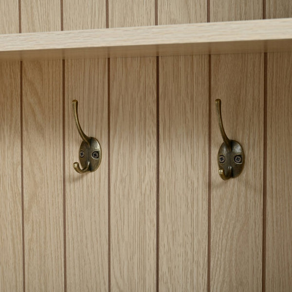 English Elm Farmhouse Hall Tree with Triple Arch Back Panel Eight Hooks Drawers and Entryway Bench N721S000071L