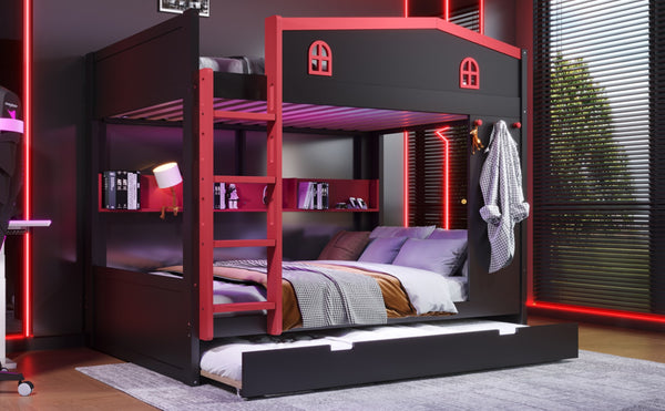 English Elm Twin Xl Solid Pine Loft Bed with Built-in Led Lighting and Storage Shelves W1580S00393