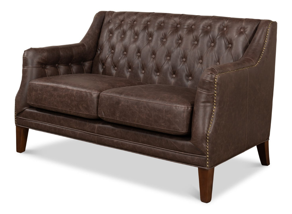 Sarreid Brooks Chocolate Faux Leather Tufted 2 Seat Sofa With Birch And Walnut Finish For Modern Comfort Brown  28927