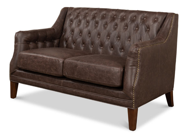 Sarreid Brooks Chocolate Faux Leather Tufted 2 Seat Sofa With Birch And Walnut Finish For Modern Comfort Brown  28927