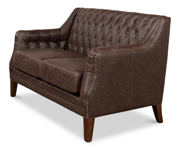 Sarreid Brooks Chocolate Faux Leather Tufted 2 Seat Sofa With Birch And Walnut Finish For Modern Comfort Brown  28927