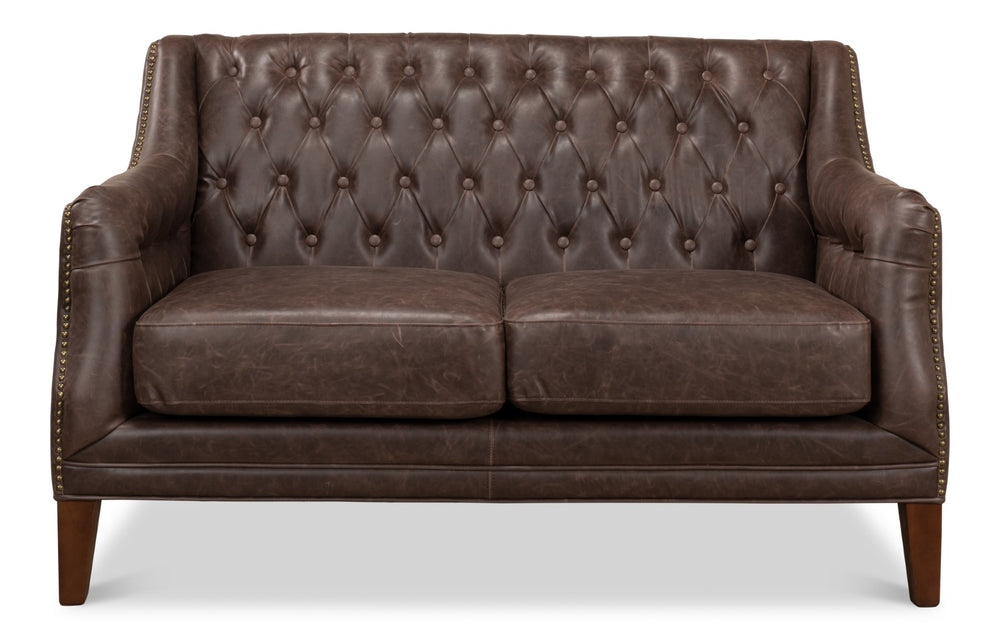 Sarreid Brooks Chocolate Faux Leather Tufted 2 Seat Sofa With Birch And Walnut Finish For Modern Comfort Brown  28927