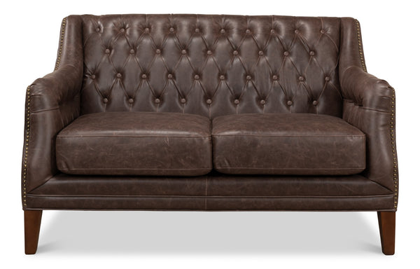 Sarreid Brooks Chocolate Faux Leather Tufted 2 Seat Sofa With Birch And Walnut Finish For Modern Comfort Brown  28927