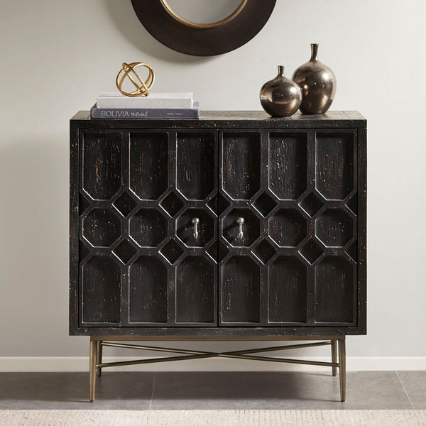 JLA Home Madison Park - Honeycomb sculptural 2-door wood cabinet with dimensional doors, rubbed black finish & bronze base MP130-0945