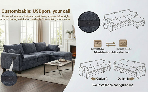 English Elm Modern Chenille Three Seat Sofa with Ottoman Usb Charging Ports and Storage Pockets Blue W2519S00004