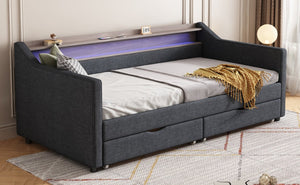 English Elm Twin Size Daybed With Usb Ports, Led Lighting & Storage Drawers For Modern Living Room Decor W2336S00026-GIGA