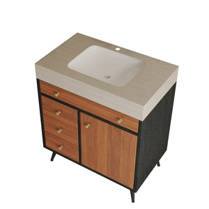 English Elm 29.9" Floating Bathroom Vanity Sintered Stone Top Soft Close Drawers Bronze Gold Hardware W3136S00043