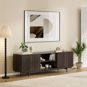 English Elm Modern Low Profile Media Console with Open Shelving and Concealed Cabinet Storage Natural Walnut T3623P434859