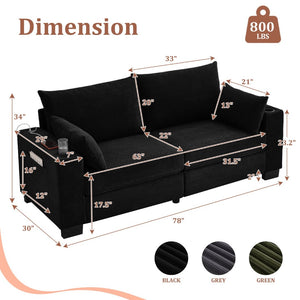 English Elm 78"corduroy Plush Three Seat Sofa with Usb Ports Cup Holders Deep Cushions Apartment Black W3705P455916
