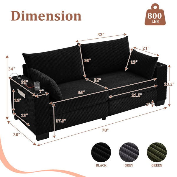 English Elm 78"corduroy Plush Three Seat Sofa with Usb Ports Cup Holders Deep Cushions Apartment Black W3705P455916