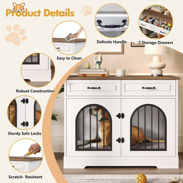 English Elm 43.3" Farmhouse Mdf Dog Crate Console with Drawers and Rotating Bowls for Large Breeds N704P414598A