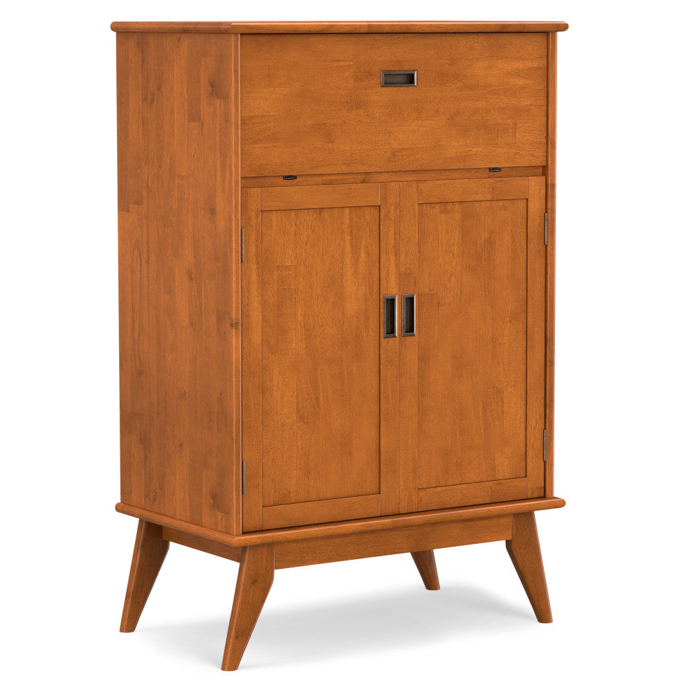 English Elm Draper Teak Mid Century Bar Cabinet – Solid Rubberwood, Wine & Stemware Storage, Drop-Down Worktop B136P203490