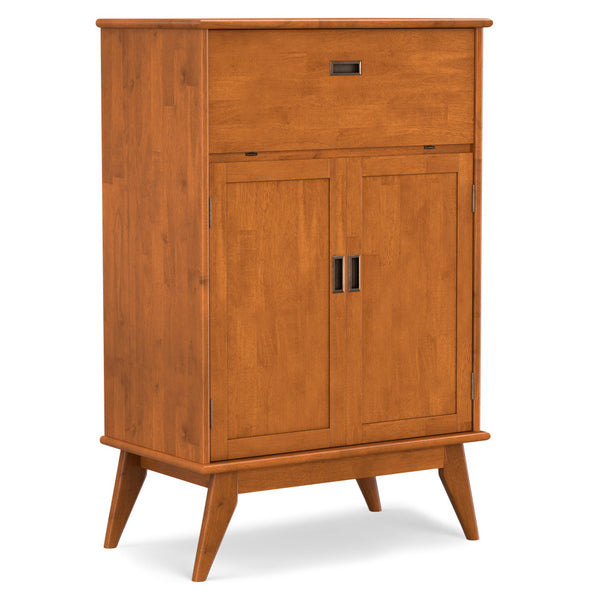 English Elm Draper Teak Mid Century Bar Cabinet – Solid Rubberwood, Wine & Stemware Storage, Drop-Down Worktop B136P203490