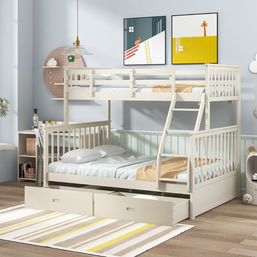 English Elm Twin Over Full Bunk Bed With Storage Drawers – Stylish Cream Wooden Design, Safety Features Included K495S00002-GIGA