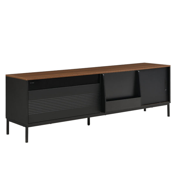 English Elm U-can Mid Century Walnut Media Console with Sliding Doors and Metal Frame for Living Rooms Black N724P360370B