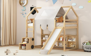 English Elm Twin House Loft Bed with Tent Canopy Slide and Shelves Pinewood Kids Frame Natural LT000682AAD-1