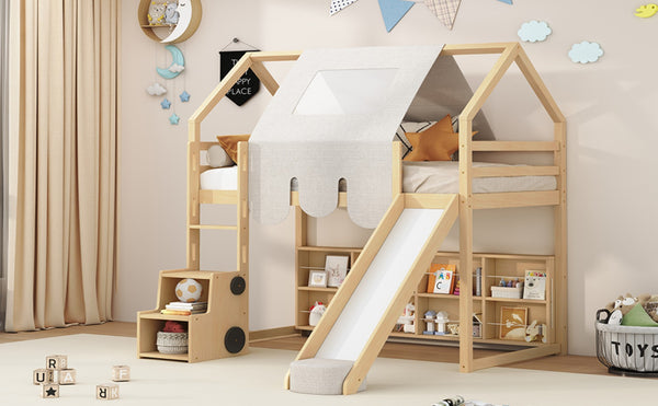 English Elm Twin House Loft Bed with Tent Canopy Slide and Shelves Pinewood Kids Frame Natural LT000682AAD-1