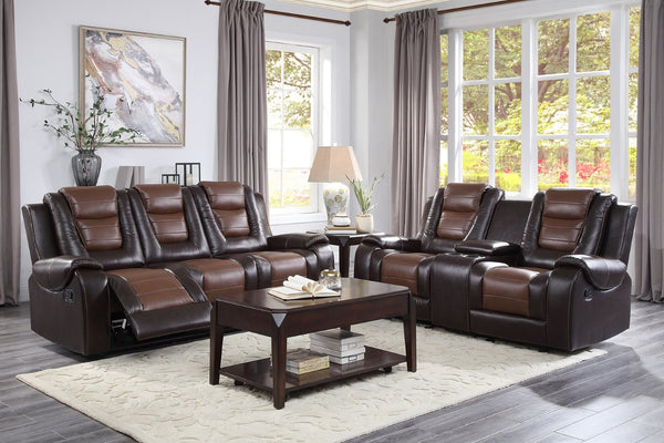 English Elm Modern Faux Leather Glider Reclining Loveseat with Console Two-tone Brown Seating B011P228565
