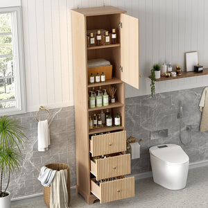 English Elm 67.7" Tall Freestanding Bathroom Cabinet with 3 Drawers, Open Shelves, Gold Handles, Anti-Tip Safety N729P335604O