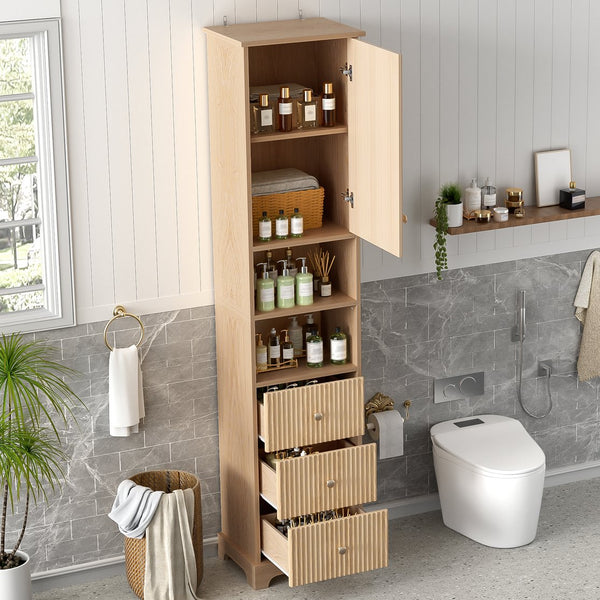 English Elm 67.7" Tall Freestanding Bathroom Cabinet with 3 Drawers, Open Shelves, Gold Handles, Anti-Tip Safety N729P335604O