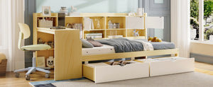 English Elm Wooden L-shape Twin Bed with Study Desk Bookshelf and Nine Storage Cabinets N733S247070M