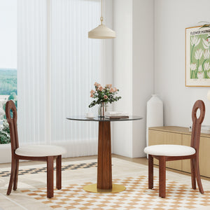 English Elm Modern Round Dining Table - 33.5" Glass Top With Wooden Legs & Gold Base For Cozy Spaces, 150 Lbs W1535S00596