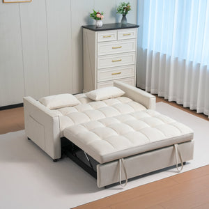 English Elm Sleeper 3-in-1 Velvet Pull-Out Sofa Bed with Adjustable Backrest, Storage Pockets, 2 Pillows, Cream W3138P281697