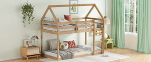 English Elm Twin Rubber Wood Floor Bunk Bed House-Shaped Design with Ladder Guardrails Sturdy Low-Profile Retreat White+Oak W504P206866