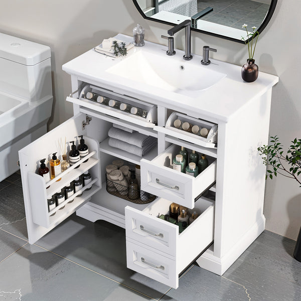 English Elm 36" Modern White Bathroom Vanity with Ceramic Undermount Sink, Heavy-Duty Storage & Soft-Close Drawers W2896P318472