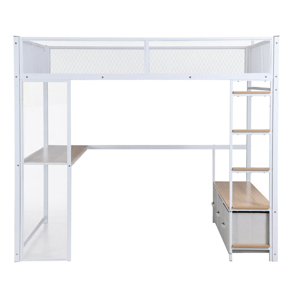 English Elm Full Metal Gaming Loft Bed with LED Lighting, Built-In Desk, Open Wardrobe and 3 Drawers for Space-Saving Comfort White GX001133AAK