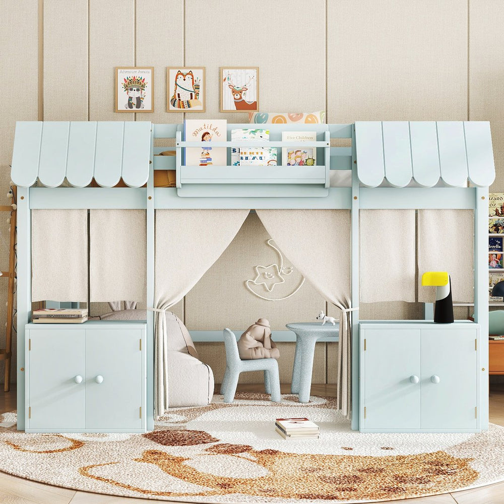 English Elm Full Loft Bed With Playful Cottage Design, Built-In Bookshelf, Curtain & Safety Guardrails For Kids W1580S00360