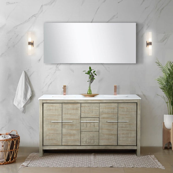 English Elm Rustic Acacia Double Bath Vanity 60" W X 20" D, White Quartz Top & Rose Gold Faucet For Elegance B2731P259213-GIGA