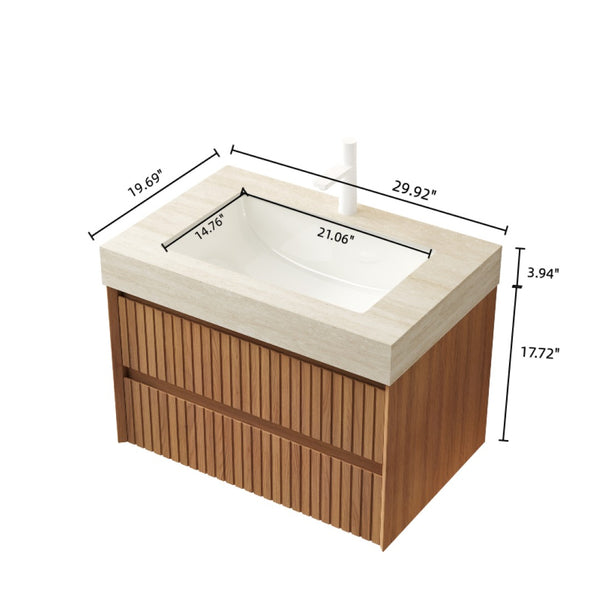 English Elm Tilley 30" Floating Bathroom Vanity With Travertine Top, Ceramic Basin & Soft-Close Drawers, Brown Oak W2615S00228-GIGA