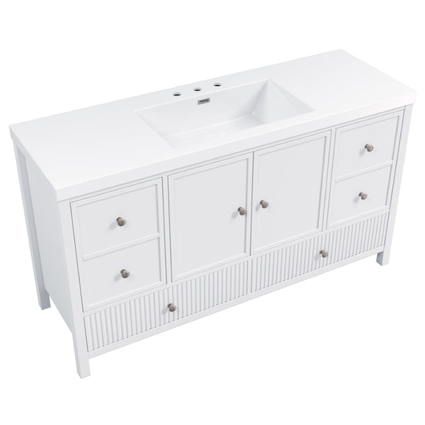 English Elm 60" Freestanding Bathroom Vanity Fluted Fronts Soft Close Drawers Drop-in Sink White N817P404100W