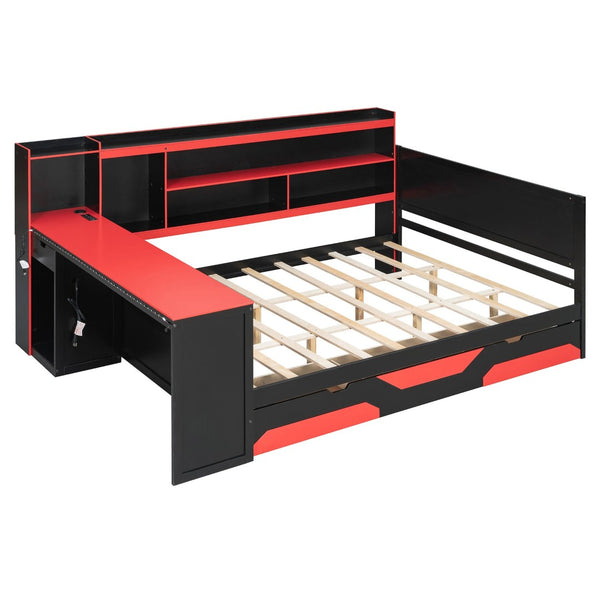 English Elm Queen Gaming Bed Frame with Desk Led Lighting Storage Drawers and Bookcase Headboard Black+Red LP000290AAJ