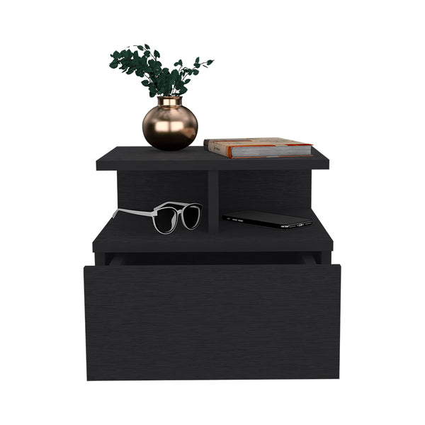 English Elm Floating Nightstand Flopini wall-mounted bedside table with drawer, space-saving shelf, durable design Black B092123117
