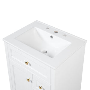 English Elm "24'' 24 Inch Glossy Freestanding Bathroom Vanity with Gold Hardware and Soft Close Storage White Pinewood N725P375495K
