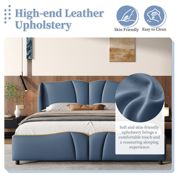 English Elm Christopher Knight Home® - King PU Leather Bed Frame with Wingback Headboard & Footboard, Gold Accents, Platform Slat Support, Elegant Design Antique Blue 85 L x 10 W x 3.25 H N761S0000017C