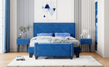 English Elm 4-Pieces Bedroom Sets Queen Size Upholstered Bed Frame With Rivet Design,Nightstands and Tufted Storage Ottoman,Blue