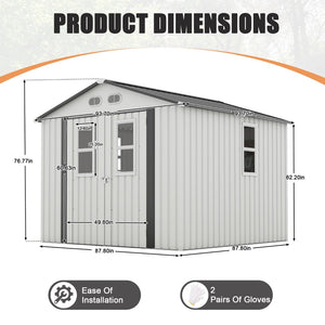 English Elm Outdoor Metal Storage Shed 8x8 Ft with Four Windows and Lockable Double Doors White W1598S00037
