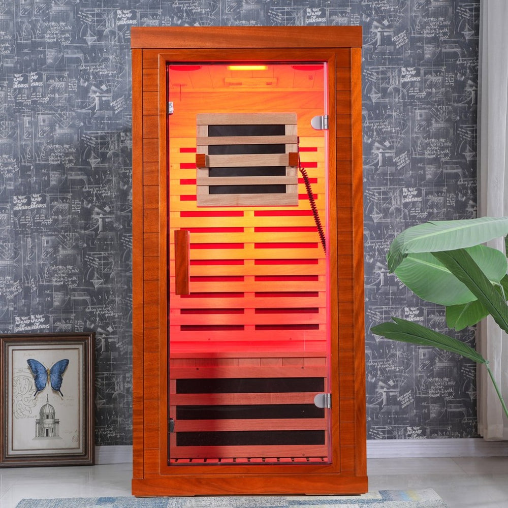 English Elm Infrared Sauna with Red Light Therapy Okoume Wood Spa Cabin for Home Wellness W3973S00011