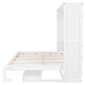 English Elm Queen Murphy Bed Cabinet with Vanity Desk Hydraulic Lift Mirror Distressed Finish White LP000766AAK-1