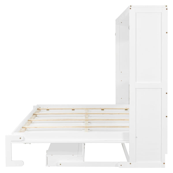 English Elm Queen Murphy Bed Cabinet with Vanity Desk Hydraulic Lift Mirror Distressed Finish White LP000766AAK-1