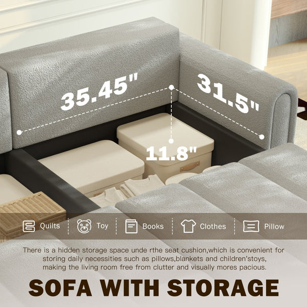 English Elm 90.2" Plush Teddy Fabric Convertible Sleeper Sofa with Hidden Storage for Living Room Light Grey W1885S00312