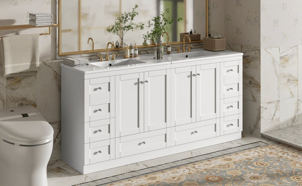 English Elm 72" Freestanding Shaker Bathroom Vanity Double Ceramic Sink Eight Soft Close Drawers N729P000032K