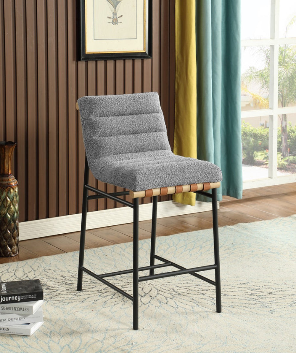 English Elm Liana Boucle Upholstered Counter Stool with Cognac Leather Accents and Iron Legs Gray B2749P413186