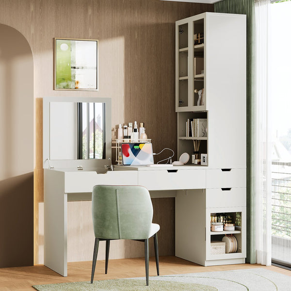 English Elm Versatile Makeup Vanity Desk with Mirror, Built-In Charging Station, 8 Hidden Storage Spaces, White N733S291664K