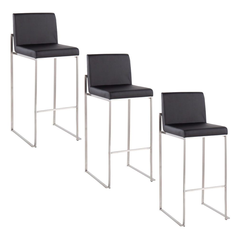 English Elm Fuji 30" Contemporary High Back Barstools Set Of 3 – Stylish Stainless Steel & Black Faux Leather Design B202P222207